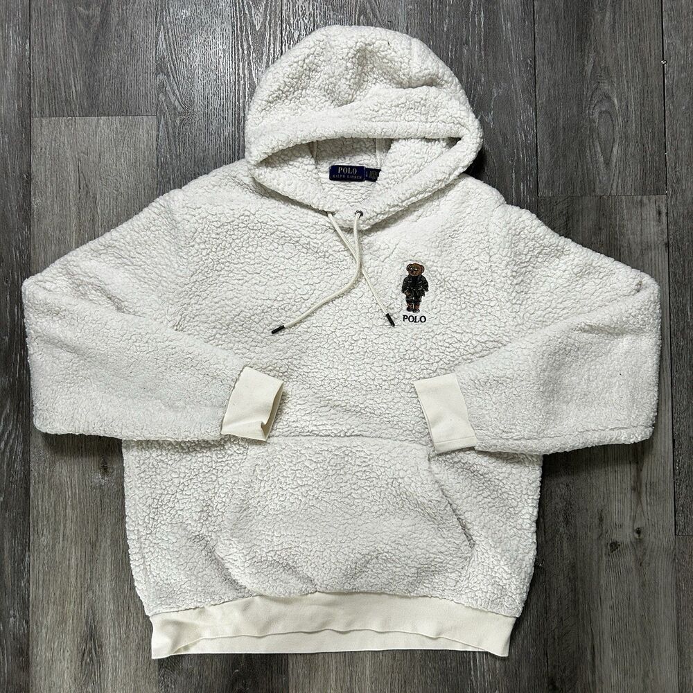 Polo Ralph Lauren Bear High-Pile Fleece Hoodie Cream Mens Size Large Sherpa